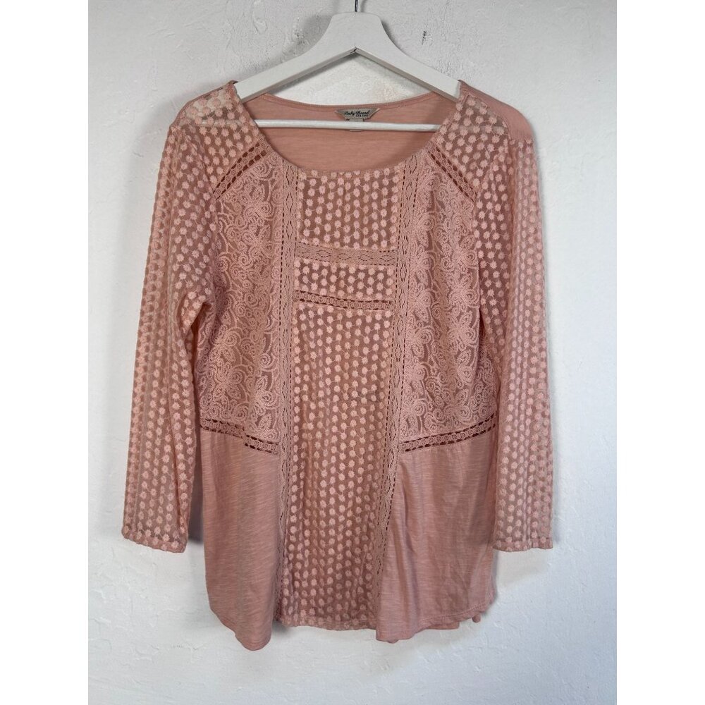 Lucky Brand Womens Peach Pink Crochet Lace Floral 3/4 Sleeve Top Medium Boho